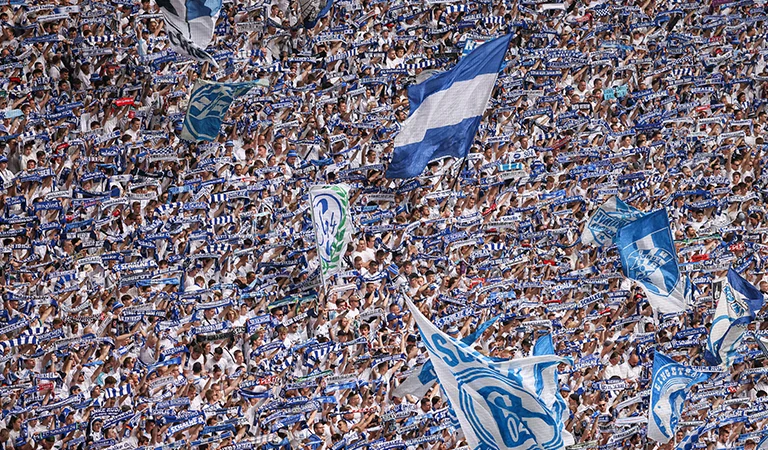 FC Schalke 04 fans holding up their team's flags and scarves in the stands. (Photo)