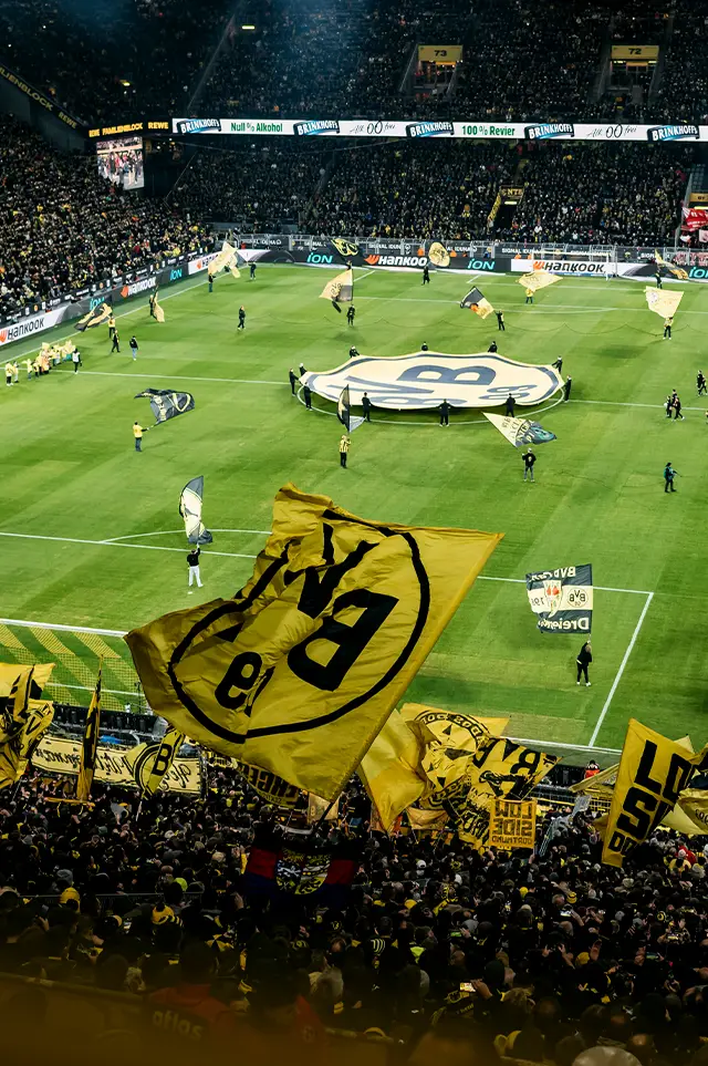 The BVB team entering a soccer stadium. Fans waving BVB flags in the stands. (Photo)